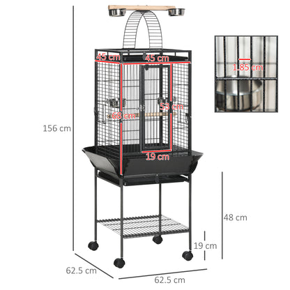 156cm Bird Cage,Large Parrot Cage with Open Play Top, Perch, Seed Guard, Wheels, Storage Shelf, Dark Grey