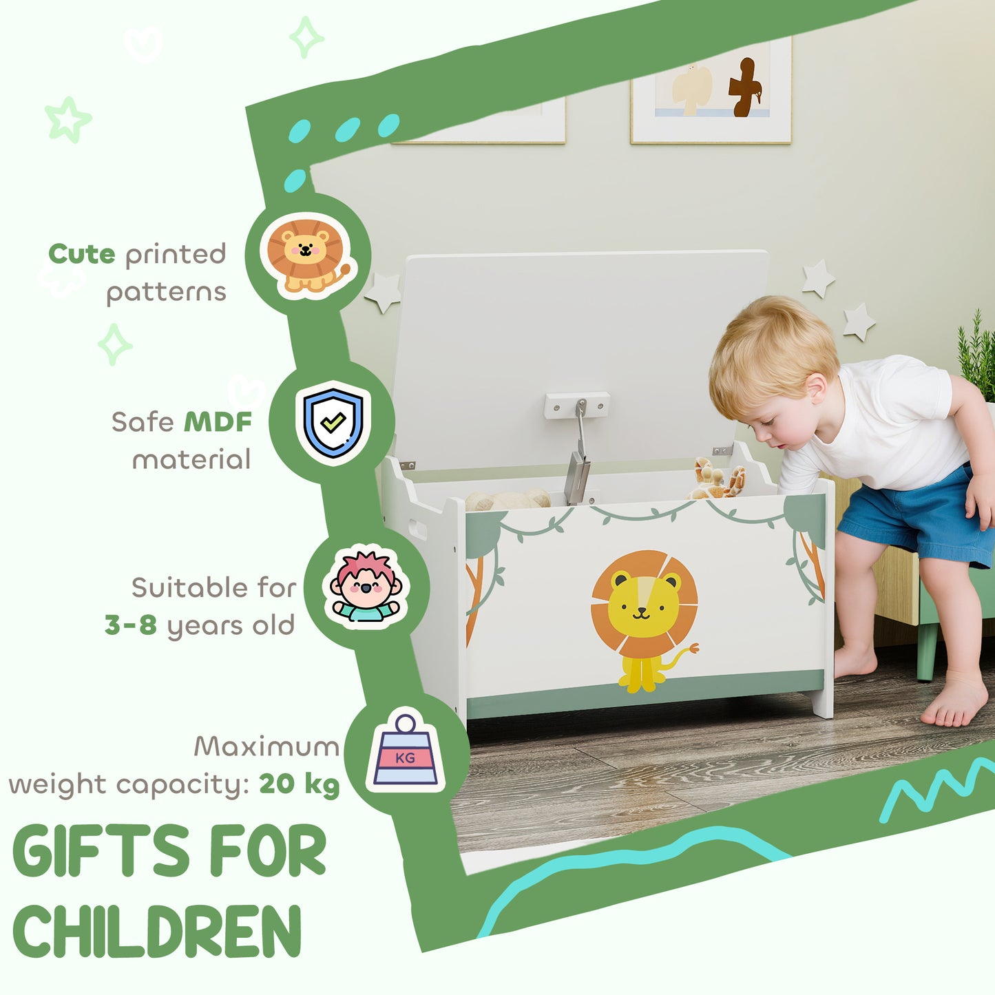 Toy Box with Lid, Safety Hinges and Groove Handles, Toy Storage organiser for Kids, Living Room, Playroom, Green