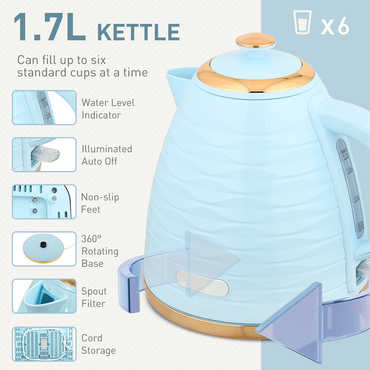 3000W 1.7L Kettle & 4 Slice Toaster, Kettle and Toaster Set with 7 Browning Controls and Crumb Tray, Light Blue