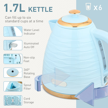 3000W 1.7L Kettle & 4 Slice Toaster, Kettle and Toaster Set with 7 Browning Controls and Crumb Tray, Light Blue