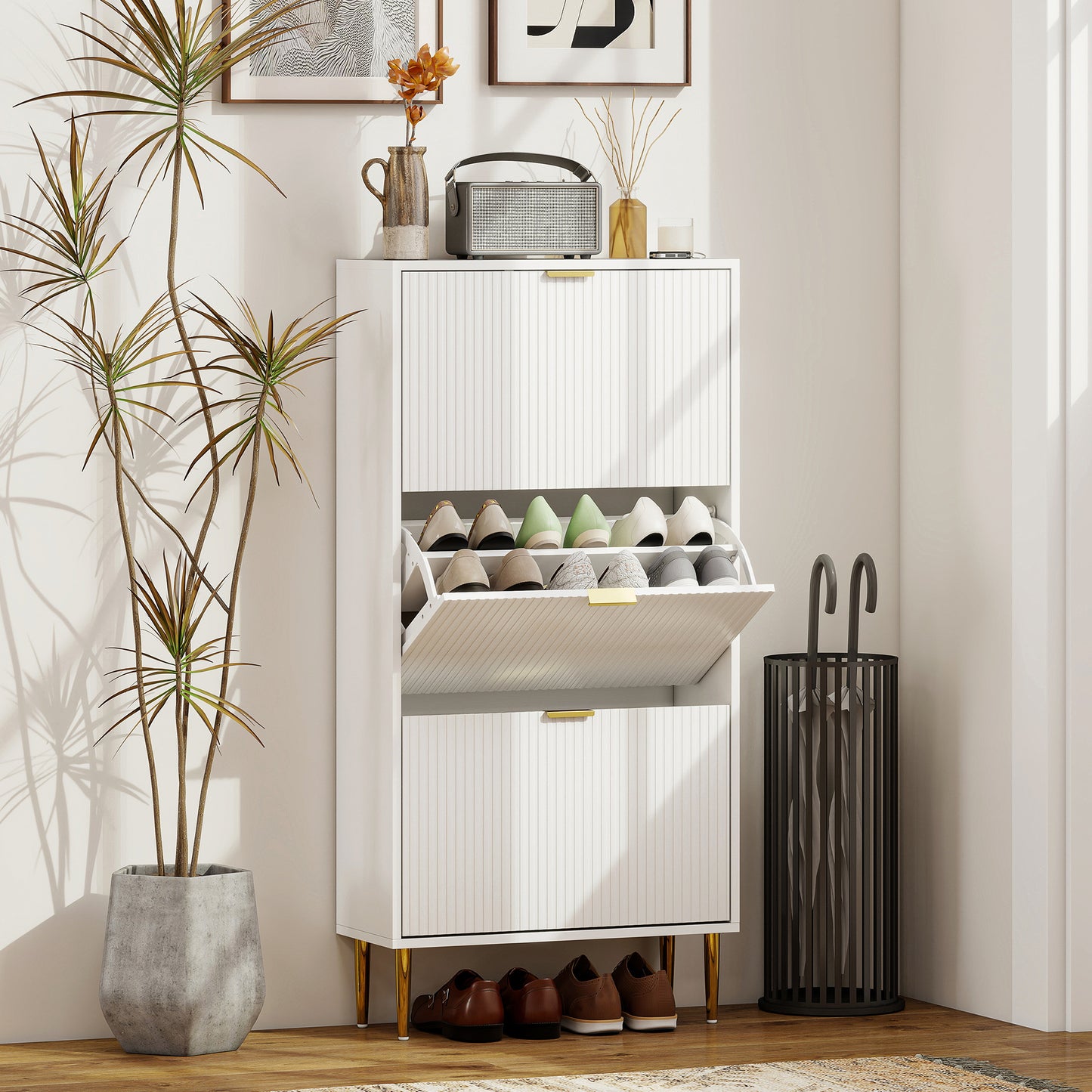 Elegant Three-Drawer Shoe Cabinet - White