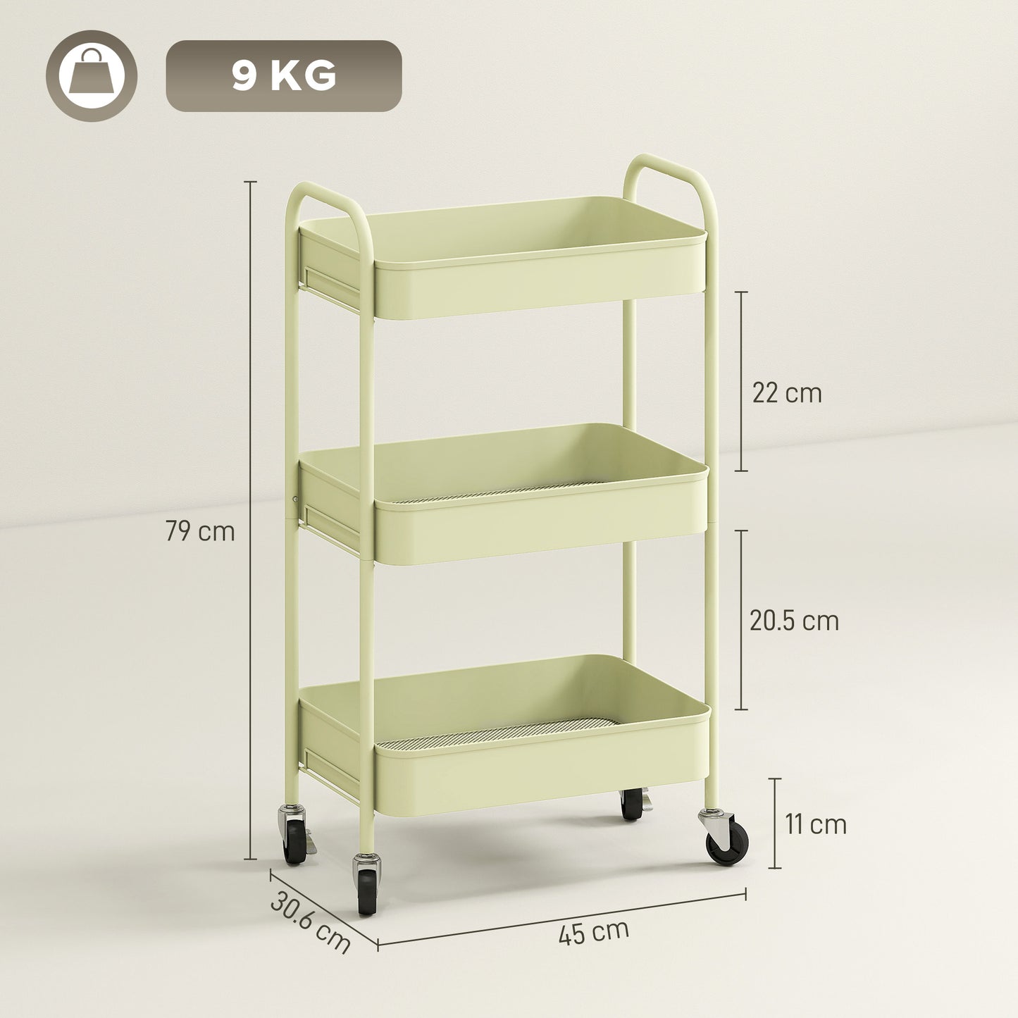 Three-Tier Steel Storage Trolley - Green
