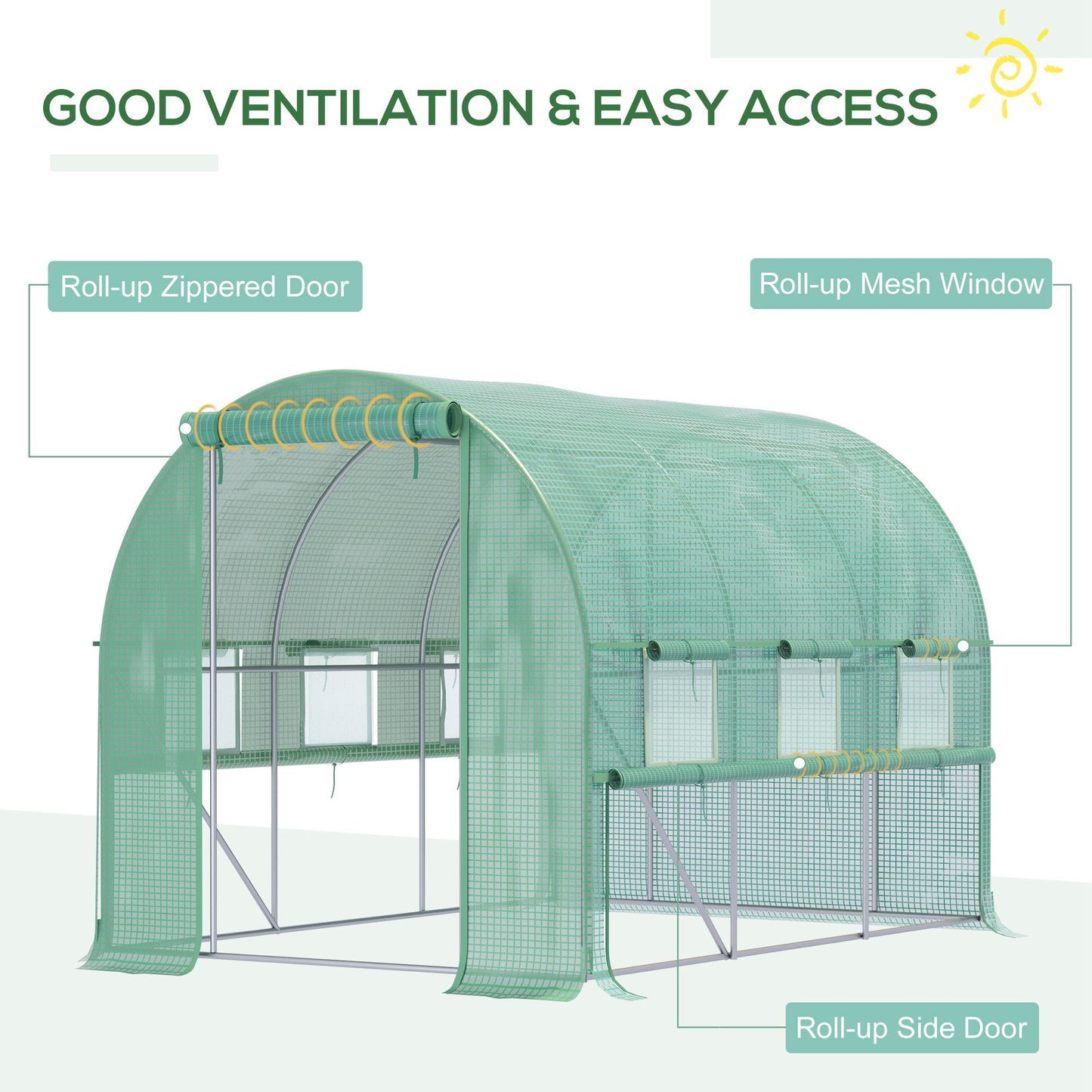 Walk-in Polytunnel Greenhouse Green House with Roll-up Sidewalls, UV-resistant PE Cover, 3 x 2 x 2m, Green
