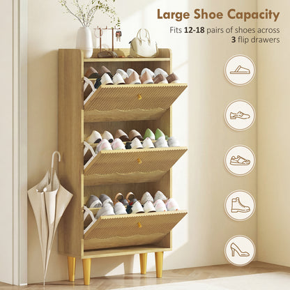 Narrow Shoe Cabinet, Modern Shoe Storage Cabinet with 3 Flip Drawers, Oak