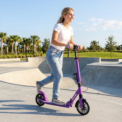 Foldable Kick Scooter with Height Adjustable Handlebar, One-click Folding Adult Scooters with 200 mm Big Wheels, Purple