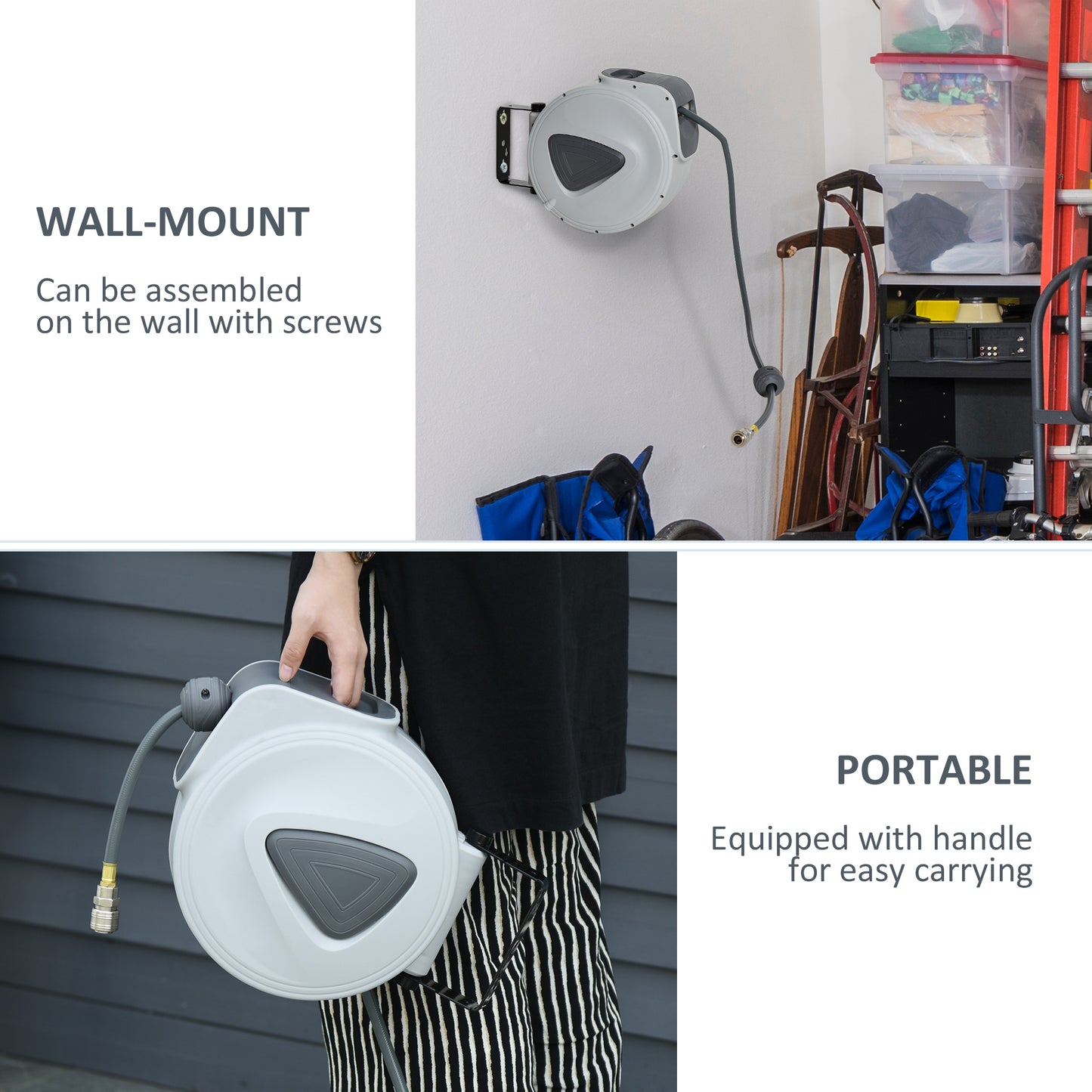 Retractable Air Hose Reel, Wall Mount Auto Rewind Hose- Reel, 15m+ 140cm Diameter 3/ 8" 9.5mm, Connector 1/ 4" BSP, Grey