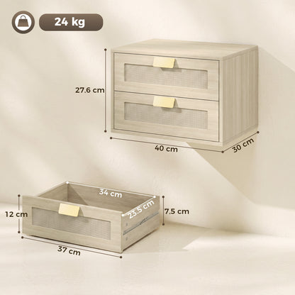 Modern Floating Nightstands Set of 2, Wall Mounted Bedside Tables with 2 Drawers, Oak