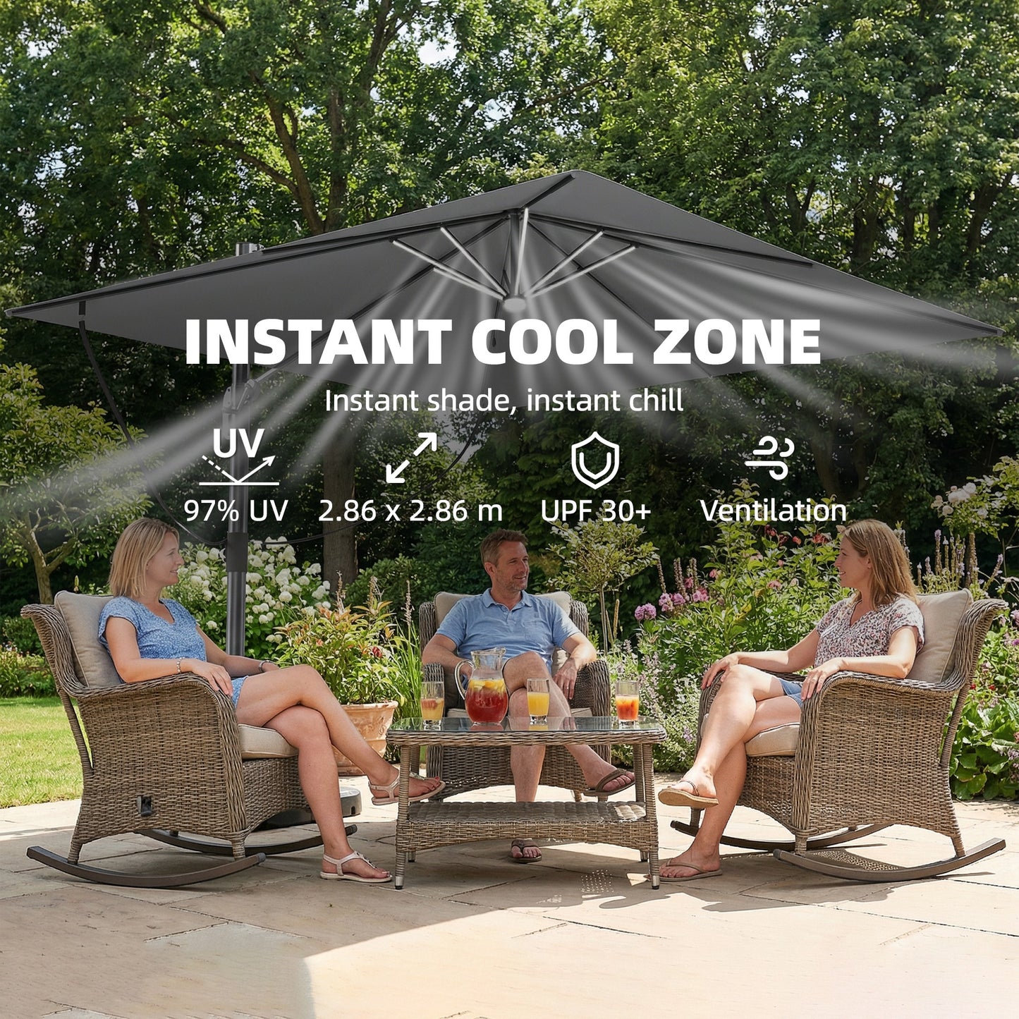 3 x 3 m Garden Cantilever Parasol with Light, Cover, Overhanging Umbrella w/ Wind Protection, 360° Rotation, Light Grey