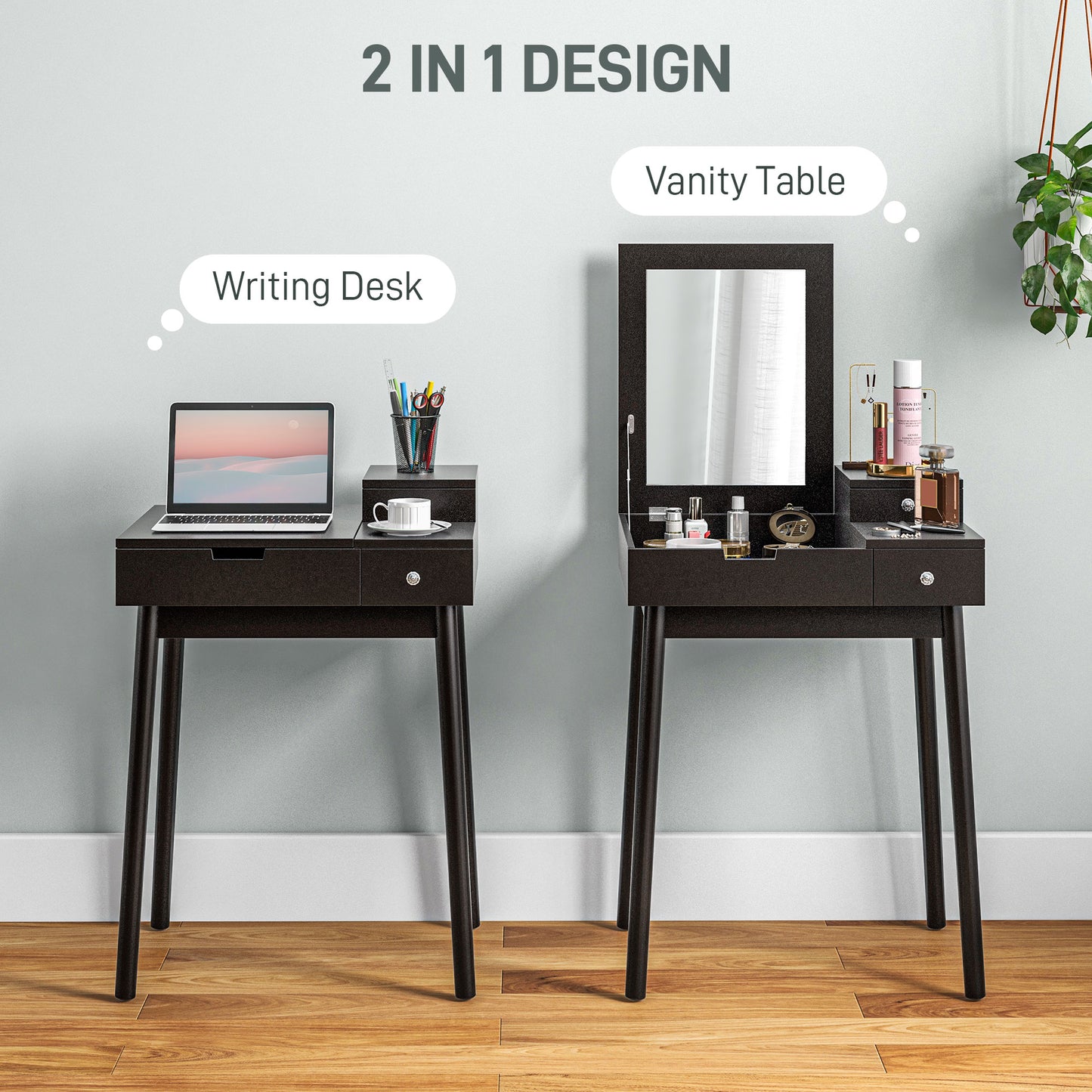 Dressing Table with Flip-up Mirror, Makeup Desk with 2 Drawers and Pine Wood Legs