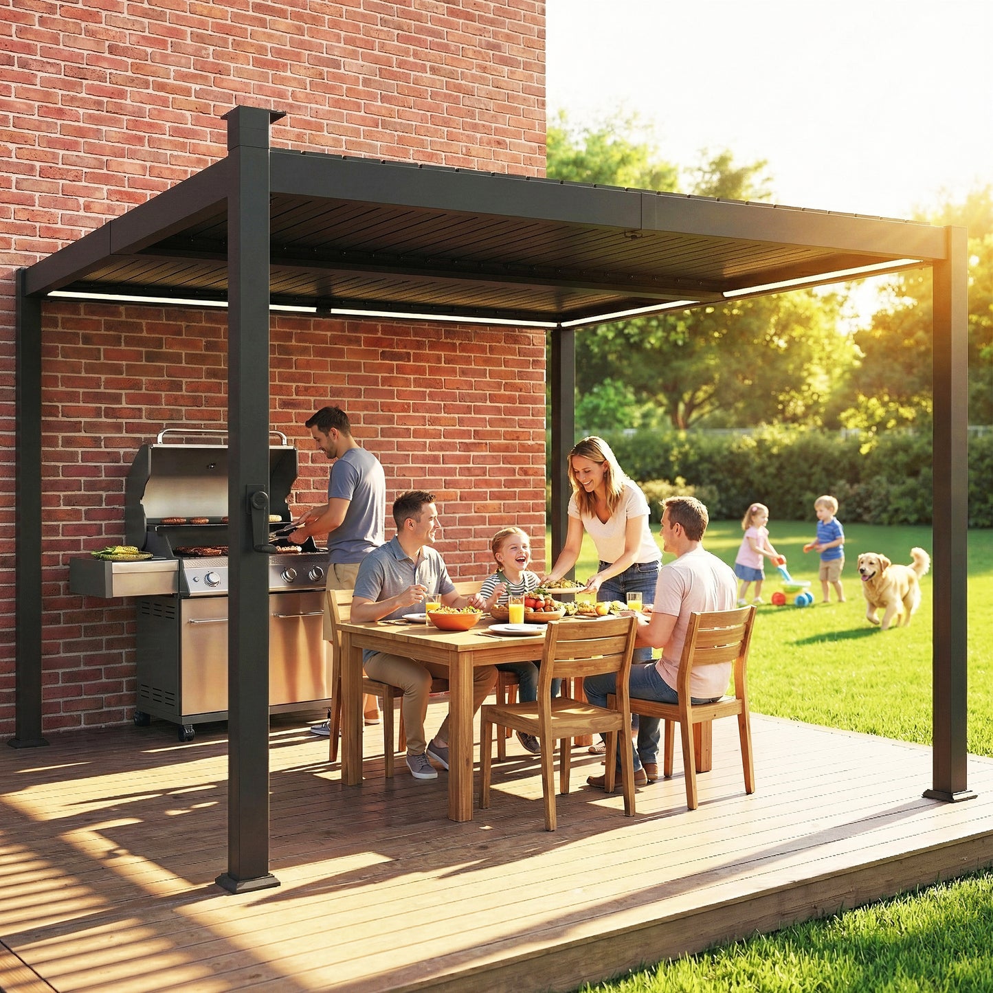 3 x 3 m Louvered Pergola with Solar LED lights, Metal Roof, Patio Gazebo Pergola Canopy with Drainage Gutters, Black