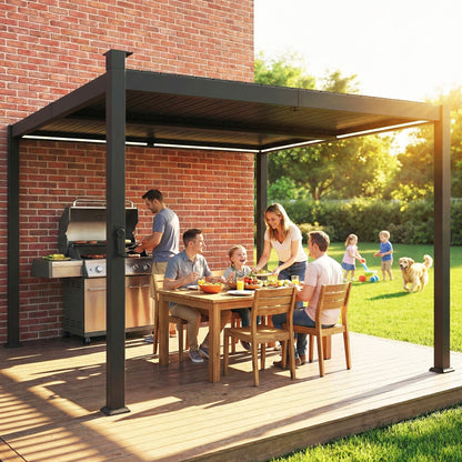 3 x 3 m Louvered Pergola with Solar LED lights, Metal Roof, Patio Gazebo Pergola Canopy with Drainage Gutters, Black