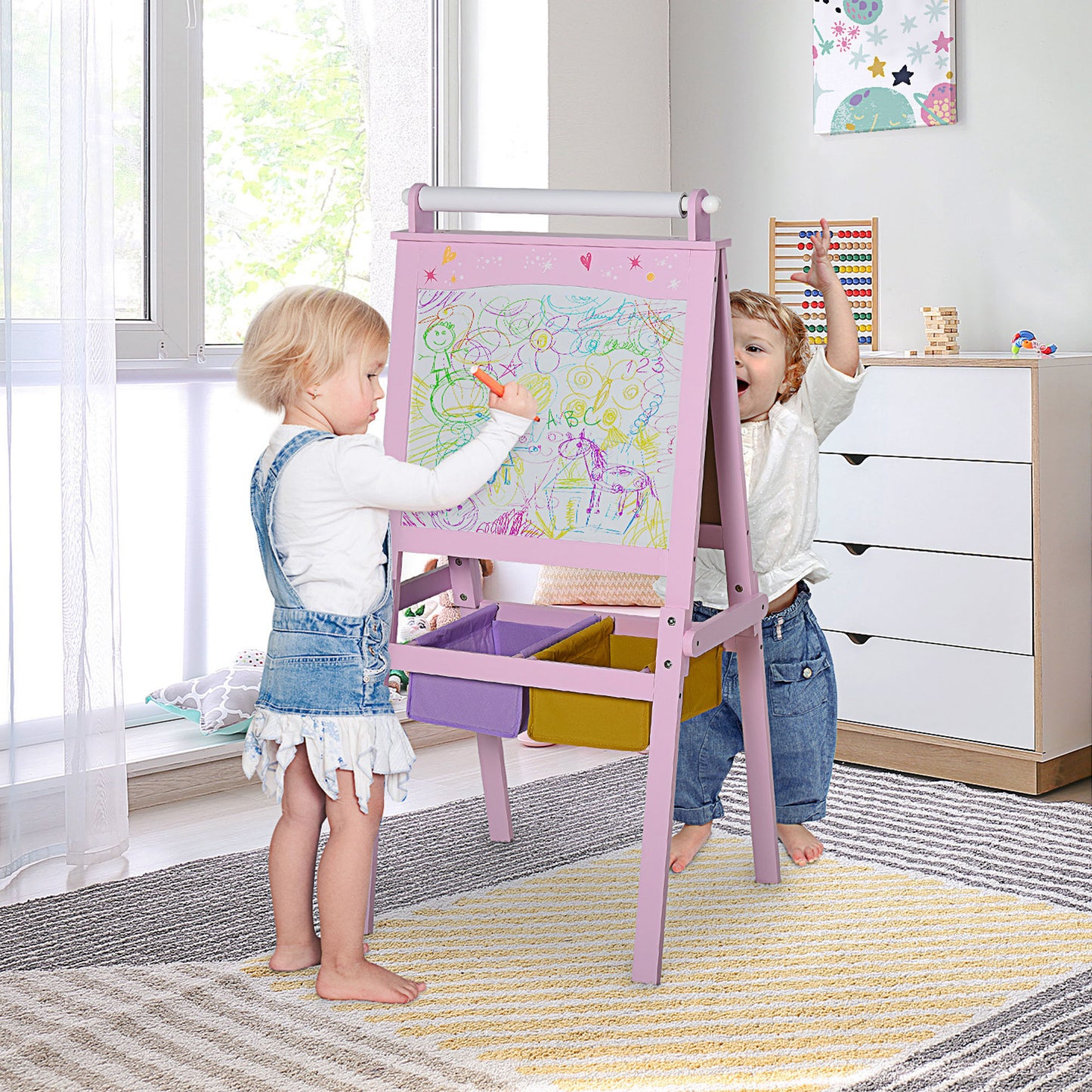 Kids Easel 3 in 1 Wooden Art Easel with Paper Roll Double-Sided Chalkboard & Whiteboard with Storage Baskets for Toddler Girl