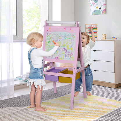 Kids Easel 3 in 1 Wooden Art Easel with Paper Roll Double-Sided Chalkboard & Whiteboard with Storage Baskets for Toddler Girl