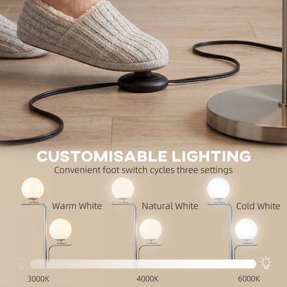 LED Floor Lamp, Modern Standing Lamp with 3 Colour Temperatures, Globe Glass Shades and Foot Switch, Silver Tone