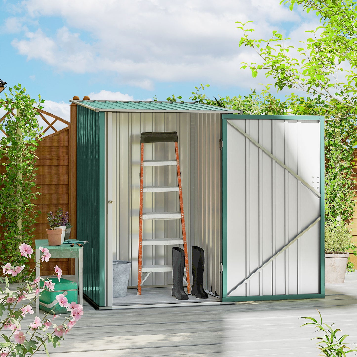 3.3 x 3.4ft Lean To Steel Garden Shed, with Locking Door - Green