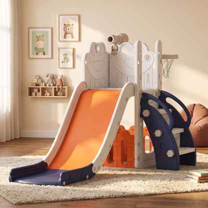 5 in 1 Kids Slide Set with Basketball Hoop, Climbing Frame, Telescope, Storage Box for Toddlers Ages 1-3, Orange