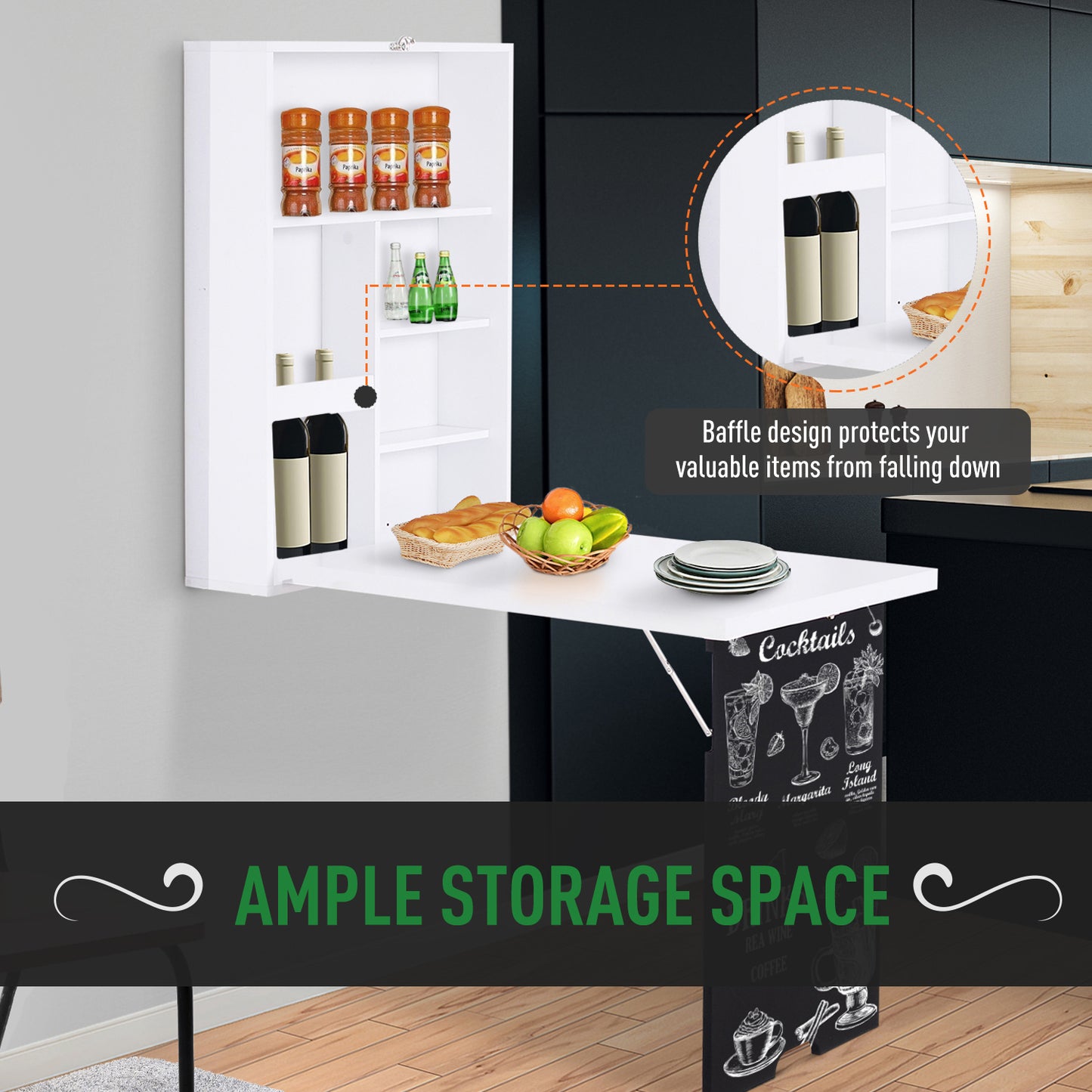 Folding Wall-Mounted Drop-Leaf Table, Convertible Wall Table With Chalkboard and Storage Shelf