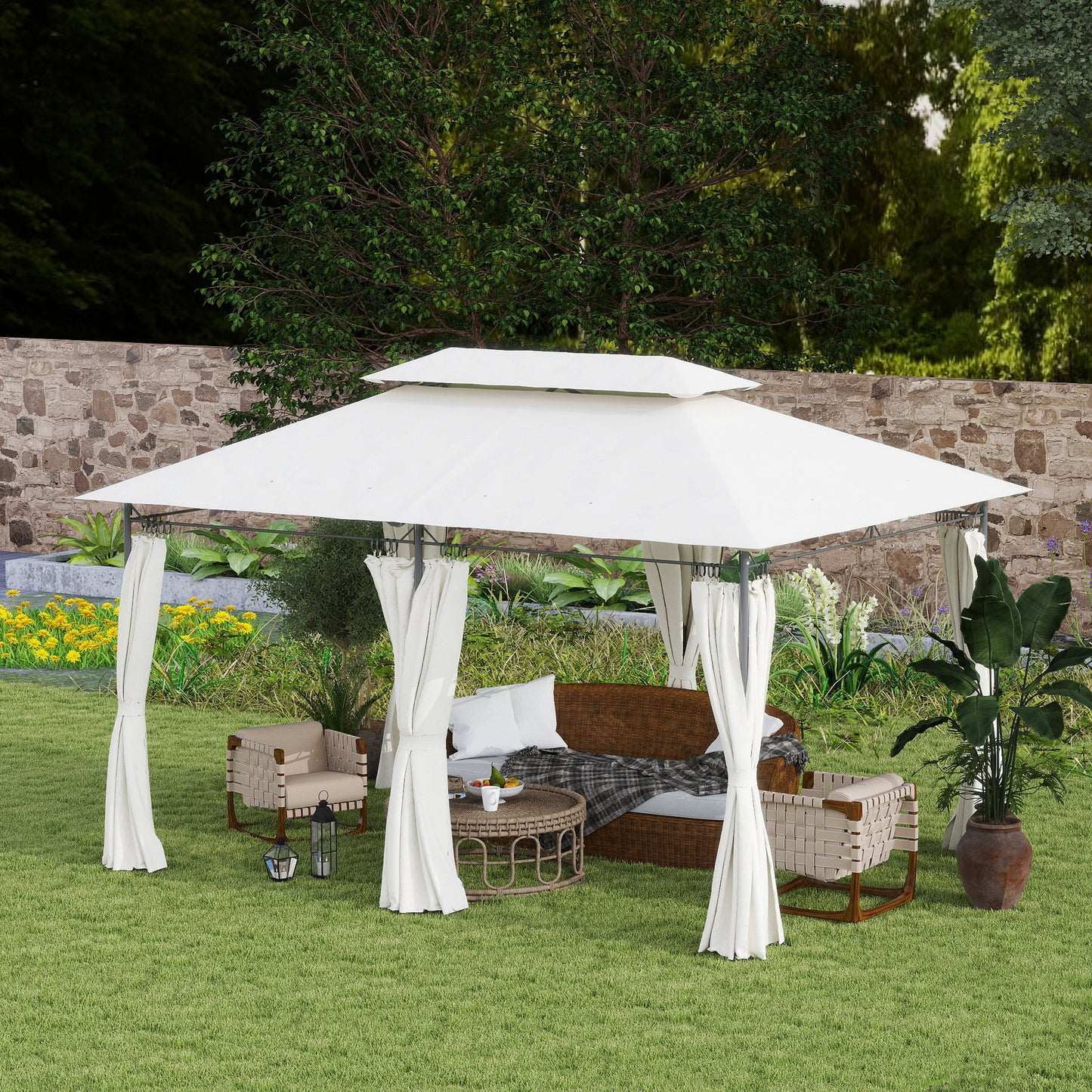 3 x 4m Metal Frame, Two-Tier Roof Gazebo - Cream White