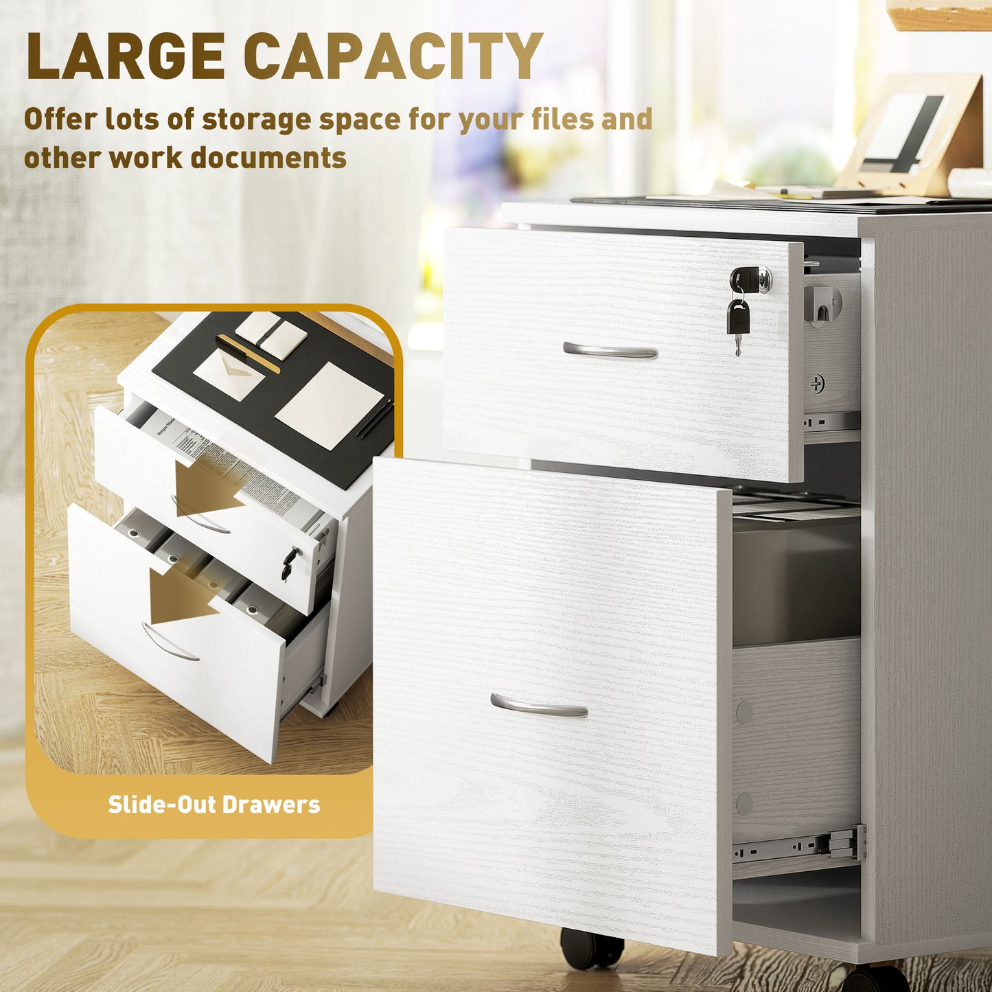 Two Drawer Lockable Filing Cabinet - White Wood Grain
