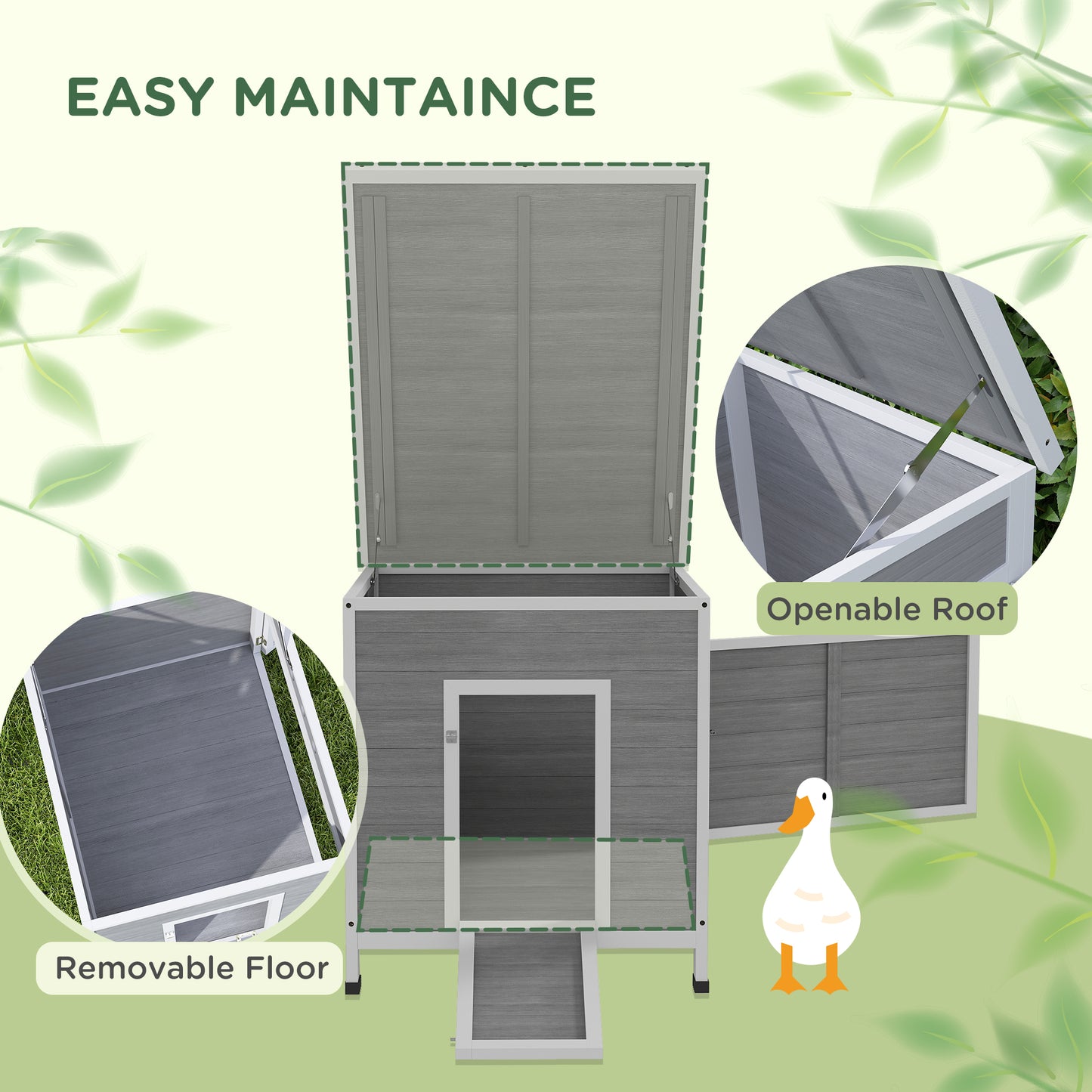 Wooden Duck House with Ramp, Double Doors, Openable Asphalt Roof, Ventilation Holes, Removable Base, Light Grey