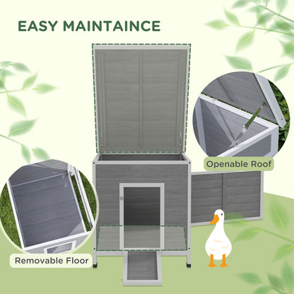 Wooden Duck House with Ramp, Double Doors, Openable Asphalt Roof, Ventilation Holes, Removable Base, Light Grey