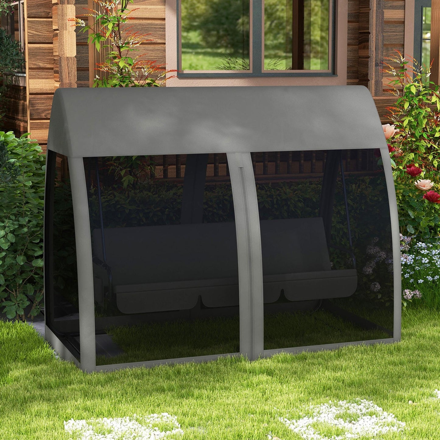 Three-Seater Convertible Swing Chair/Bed, with Curtained Canopy - Grey