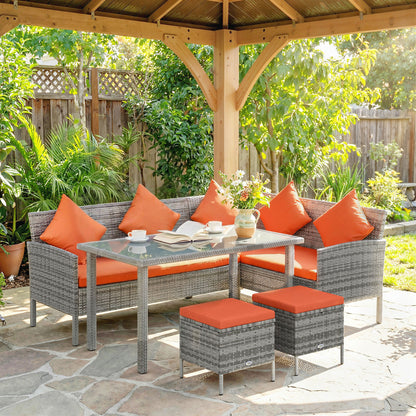 6-Seater Rattan Dining Set Sofa Table Footstool Outdoor w/ Cushion Garden Furniture, Orange