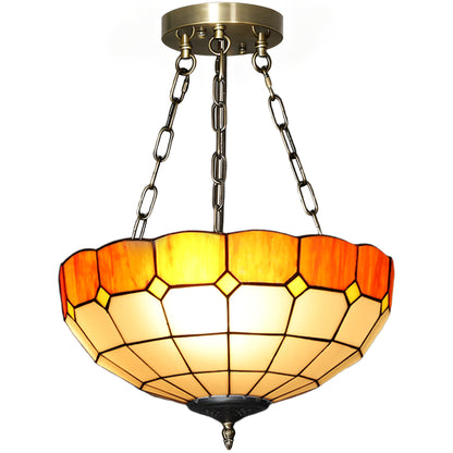 Tiffany Style Ceiling Light, Vintage Chandelier with 3 E27 Sockets, Semi Flush Mount for Living Room, Bulbs Not Included