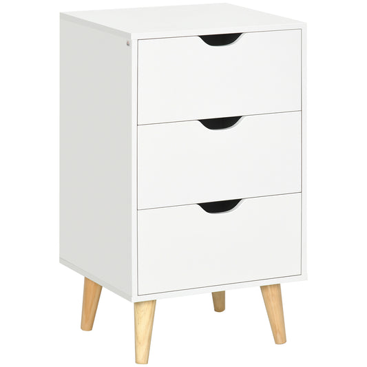 Bedside Table, Bedside Cabinet with 3 Drawers, Side End Table with Pine Wood Legs for Bedroom Living Room, White