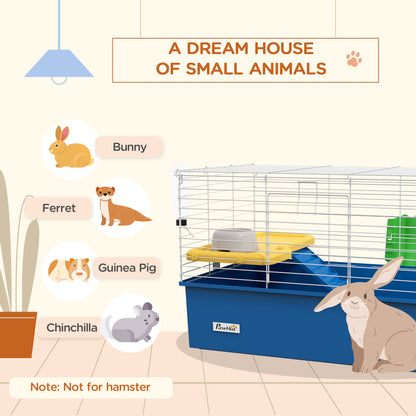 Chinchillas Small Rabbit Guinea Pig Small Animal Cage, Pet Playhouse, with Platform, Ramp, 71 x 46 x 47cm, Blue