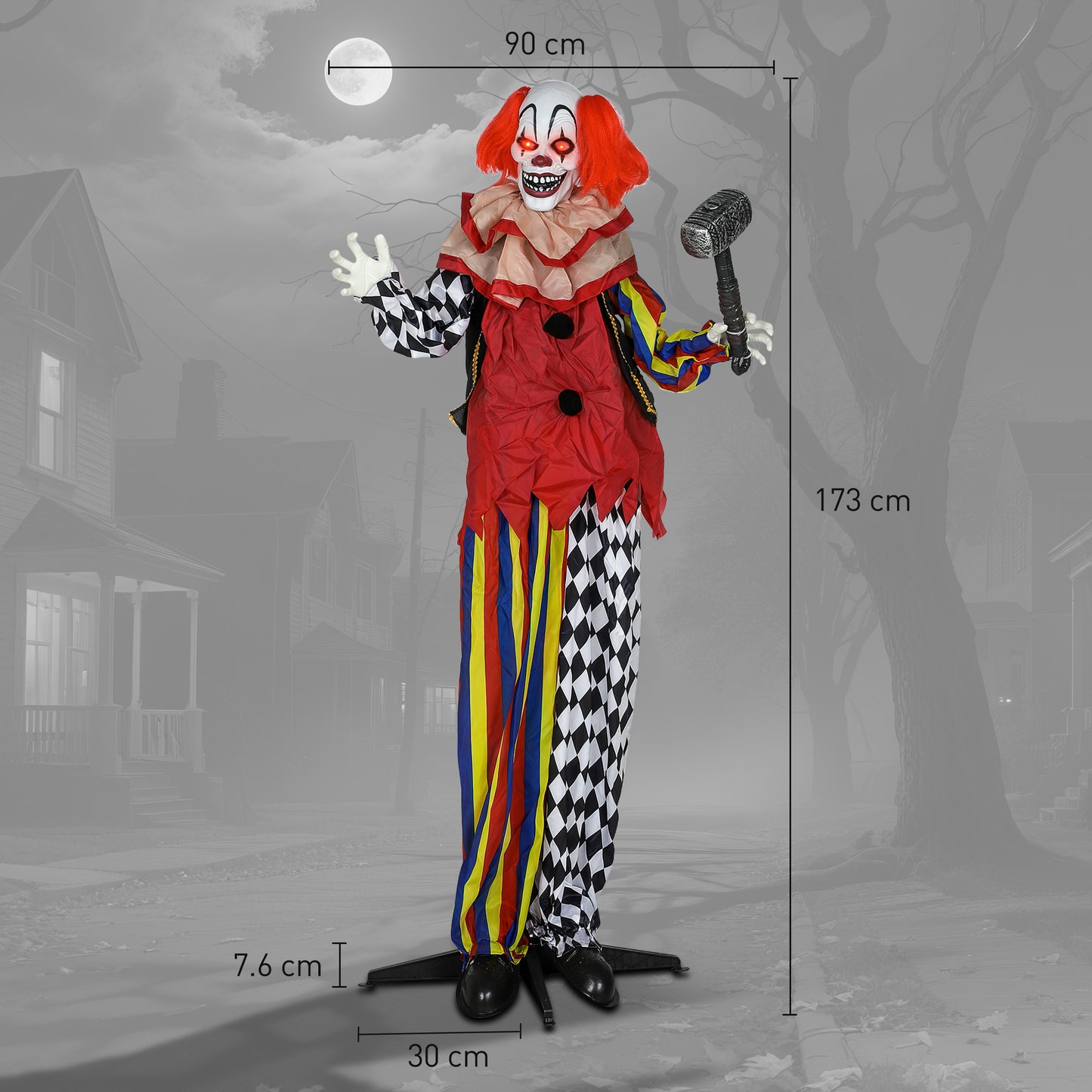 173 cm Life Size Halloween Animated Standing Clown & Hammer with Red Light Up Eyes, Sound Activated Moving Arms & Head