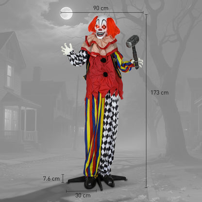 173 cm Life Size Halloween Animated Standing Clown & Hammer with Red Light Up Eyes, Sound Activated Moving Arms & Head