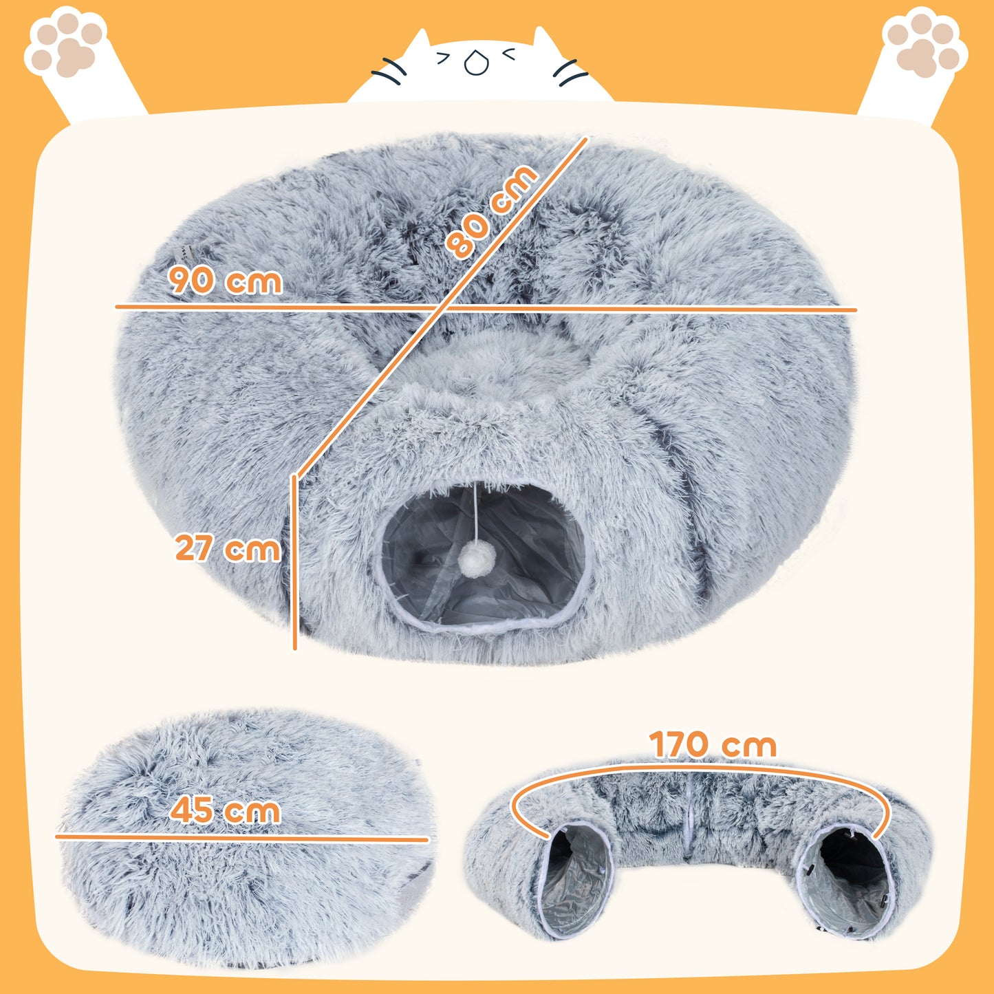 2-in-1 Donut Cat Tunnel with Washable Bed, Play Tunnel Bed with Toy Ball and Door Hole for Indoor Cats, Light Grey