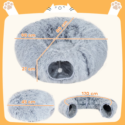 2-in-1 Donut Cat Tunnel with Washable Bed, Play Tunnel Bed with Toy Ball and Door Hole for Indoor Cats, Light Grey
