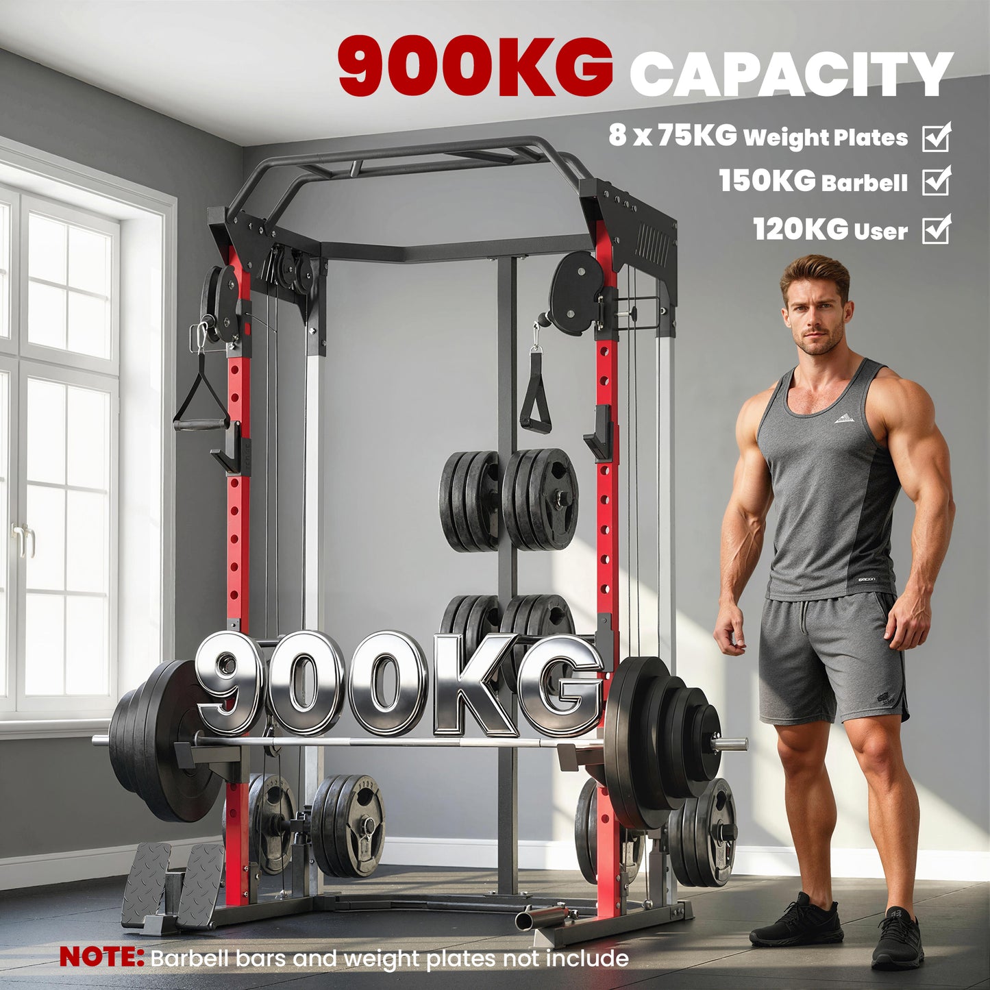 Power Cage, Power Rack with Adjustable Cable Pulley System, Pull-Up Bar, Dip Station, Landmine
