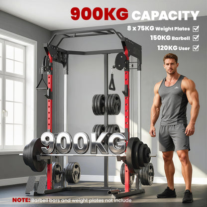 Power Cage, Power Rack with Adjustable Cable Pulley System, Pull-Up Bar, Dip Station, Landmine