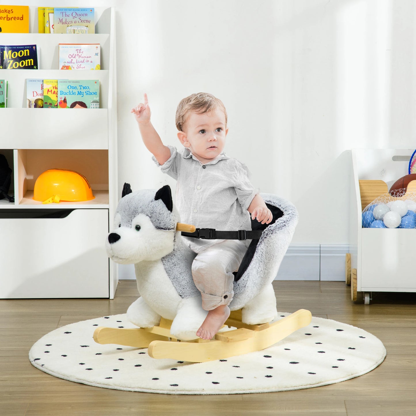 Husky Design Kids Ride on Rocking Horse with Sound Effect and Bucket Seat