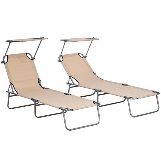Folding Sun Lounger Set of 2 with Canopy, Reclining Sunbed with 4-Position Adjustable Backrest, 600D Oxford Cloth