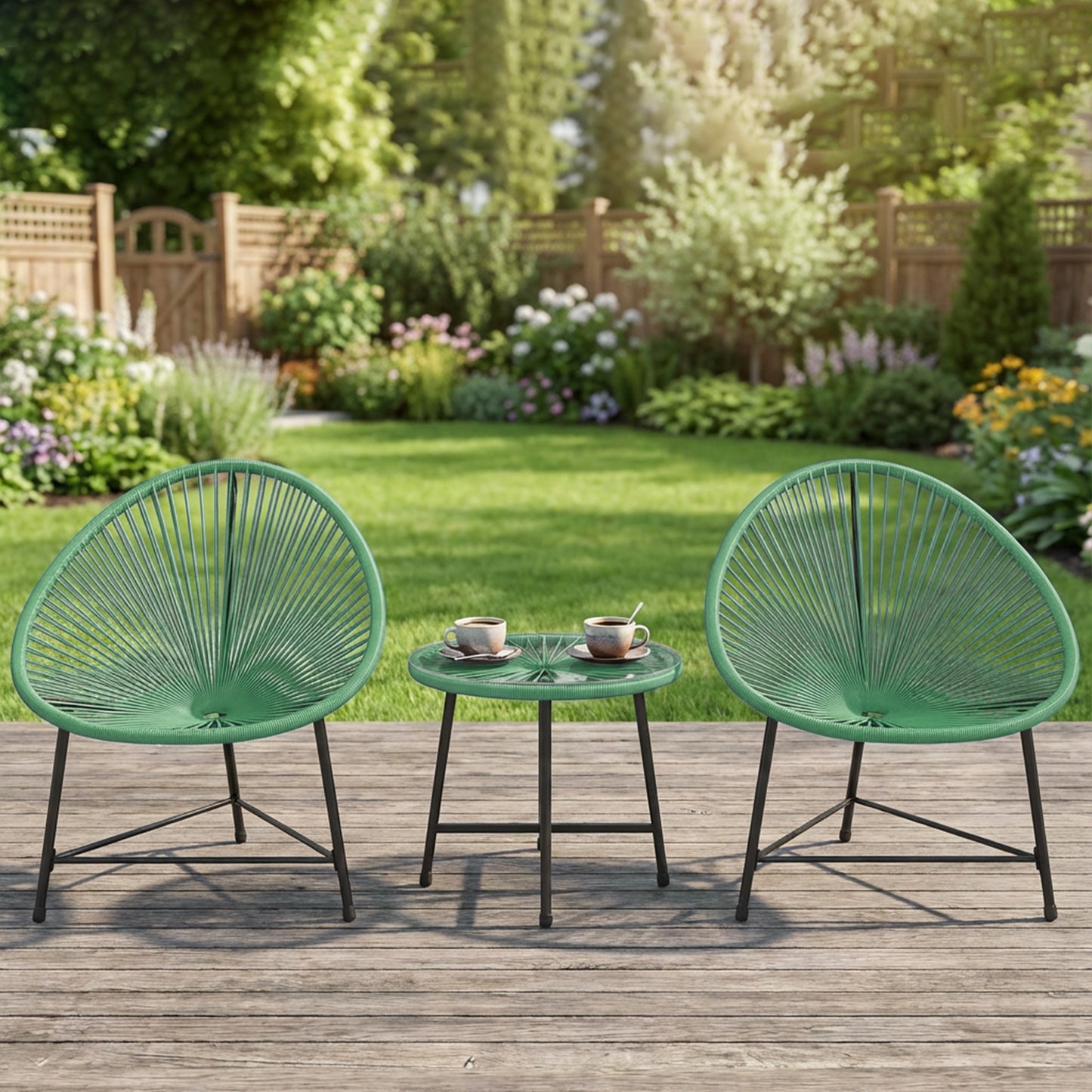 Rattan Bistro Set with Acapulco Chairs and Glass Table, Green