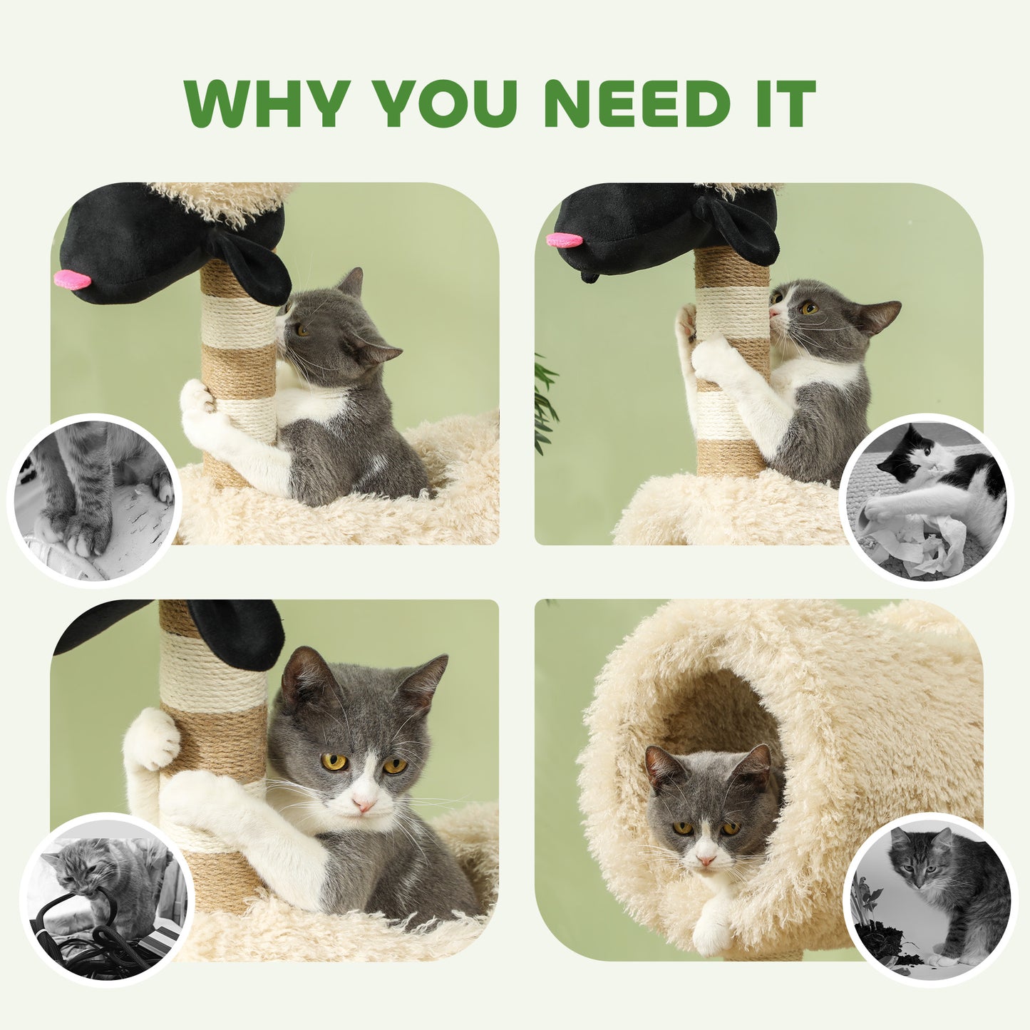 Cat Tree Sheep Design, 98 cm Multi-Level Cat Tower with Scratching Posts, Tunnel & Play Ball, Light Brown