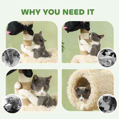 Cat Tree Sheep Design, 98 cm Multi-Level Cat Tower with Scratching Posts, Tunnel & Play Ball, Light Brown