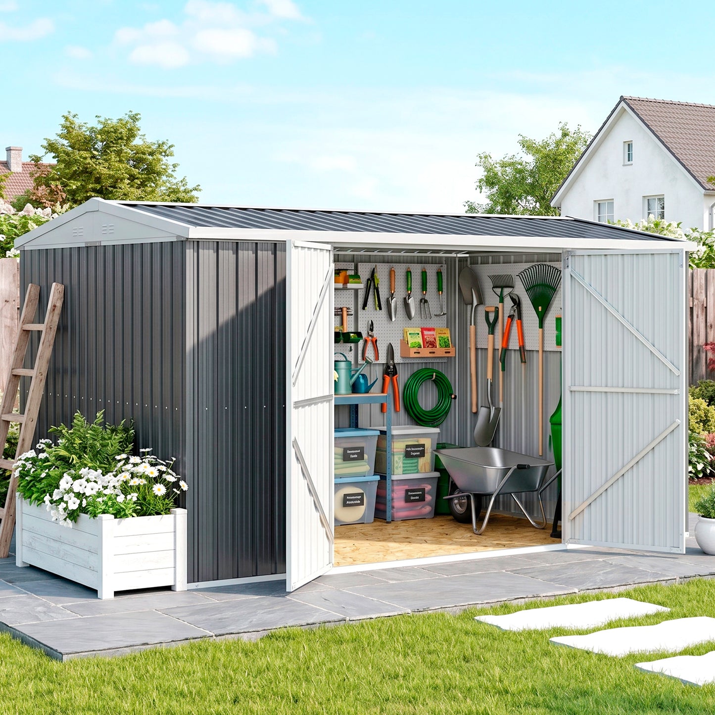 14 x 8ft Outdoor Garden Metal Storage Shed with Lockable Door, Tool Storage Box for Garden, Patio and Lawn, Grey