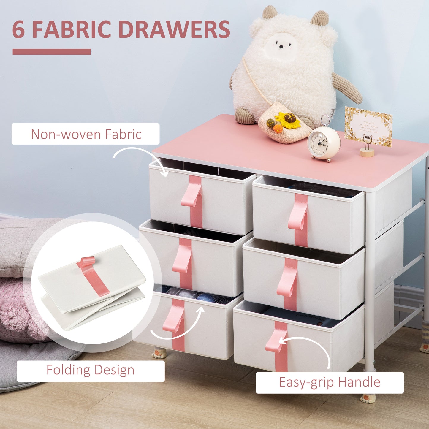 Chest of Drawers, Cloth Organizer Unit with 6 Fabric Drawers, Metal Frame and Wooden Top, Storage Cabinet for Kids Room