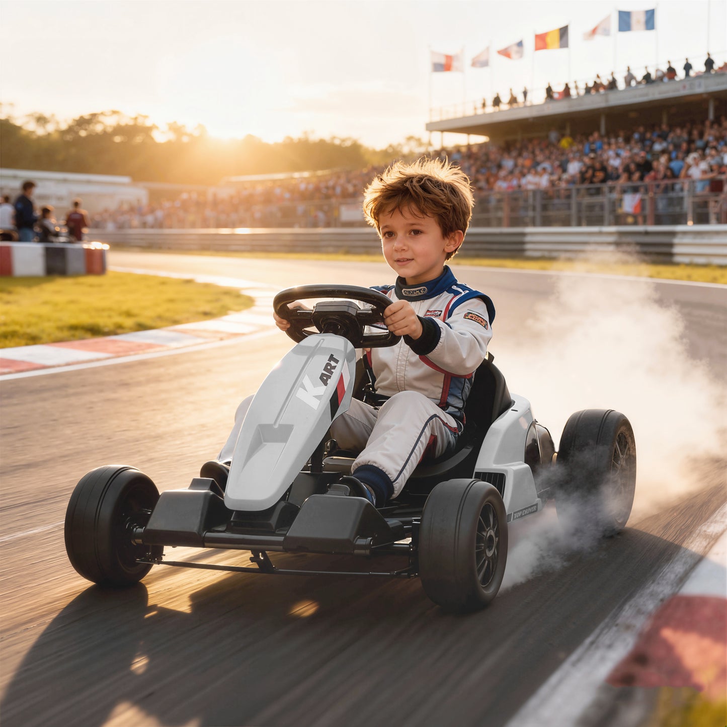 24V Electric Go Kart, Drift Kart with Adjustable Seat, Slow Start, 5-Point Harness, Music, for 6-12 Years, White