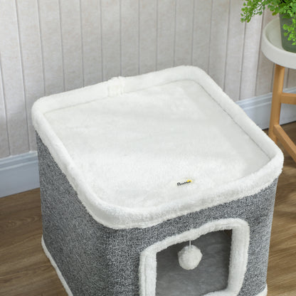 Cat House for Indoor Kittens, 2-Level Cat Cave Bed with Fluffy Balls, Top Bed, Kitten Barrel for Multi Kitties, Grey