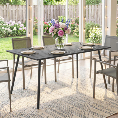 Rectangle Garden Table with Slat Top, Steel Frame, Outdoor Table for 6 Person, 150 x 80 x 74 cm, Grey