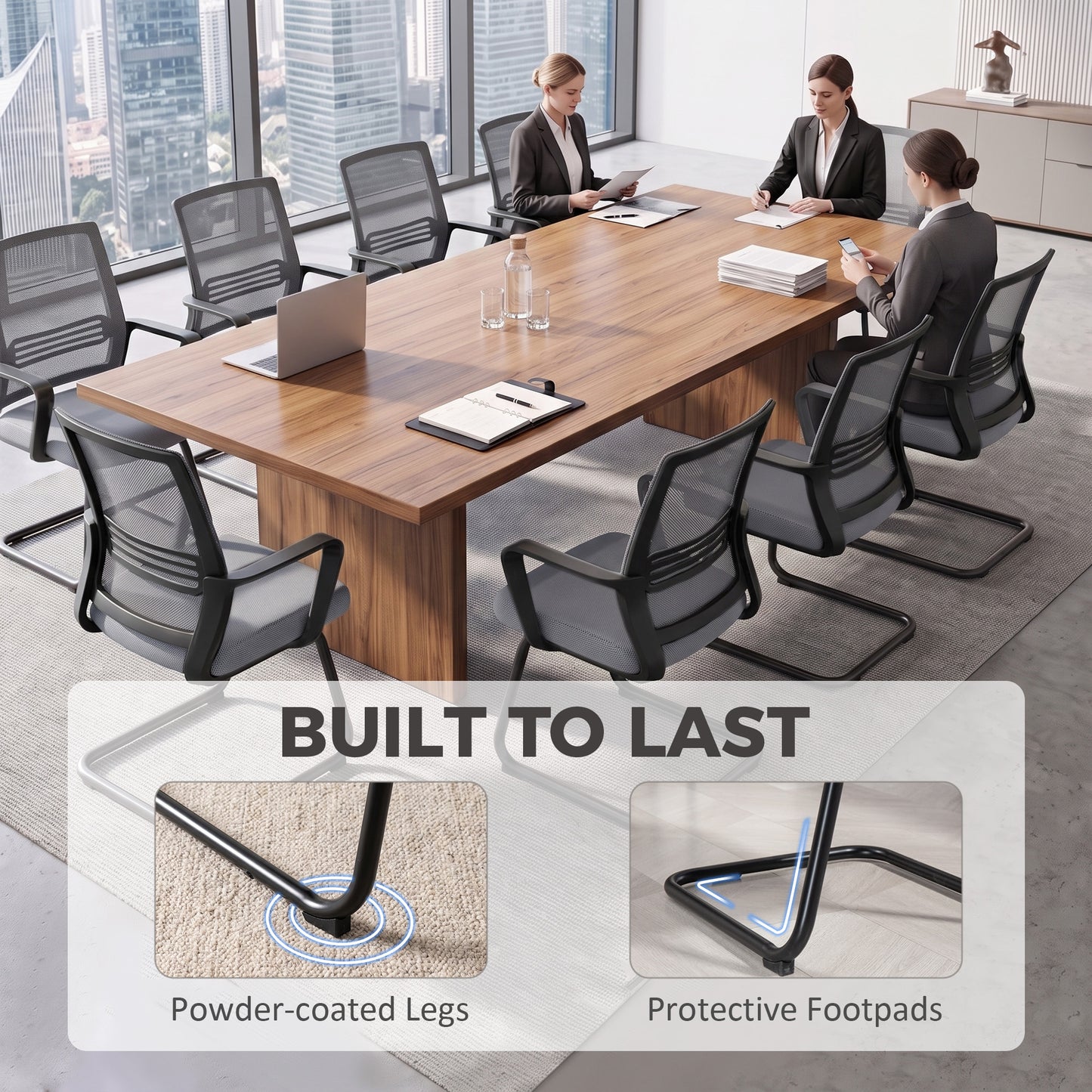 Padded Meeting Office Chair, Ergonomic Desk Chair No Wheels with Sled Base for Bedroom, Waiting, Reception, Dark Grey