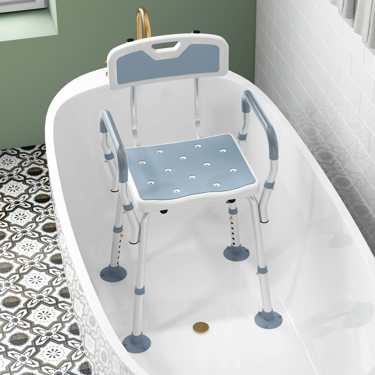 EVA Padded Shower Chair for the Elderly and Disabled, Height Adjustable Shower Stool with Back and Arms, 4 Suction Foot Pads
