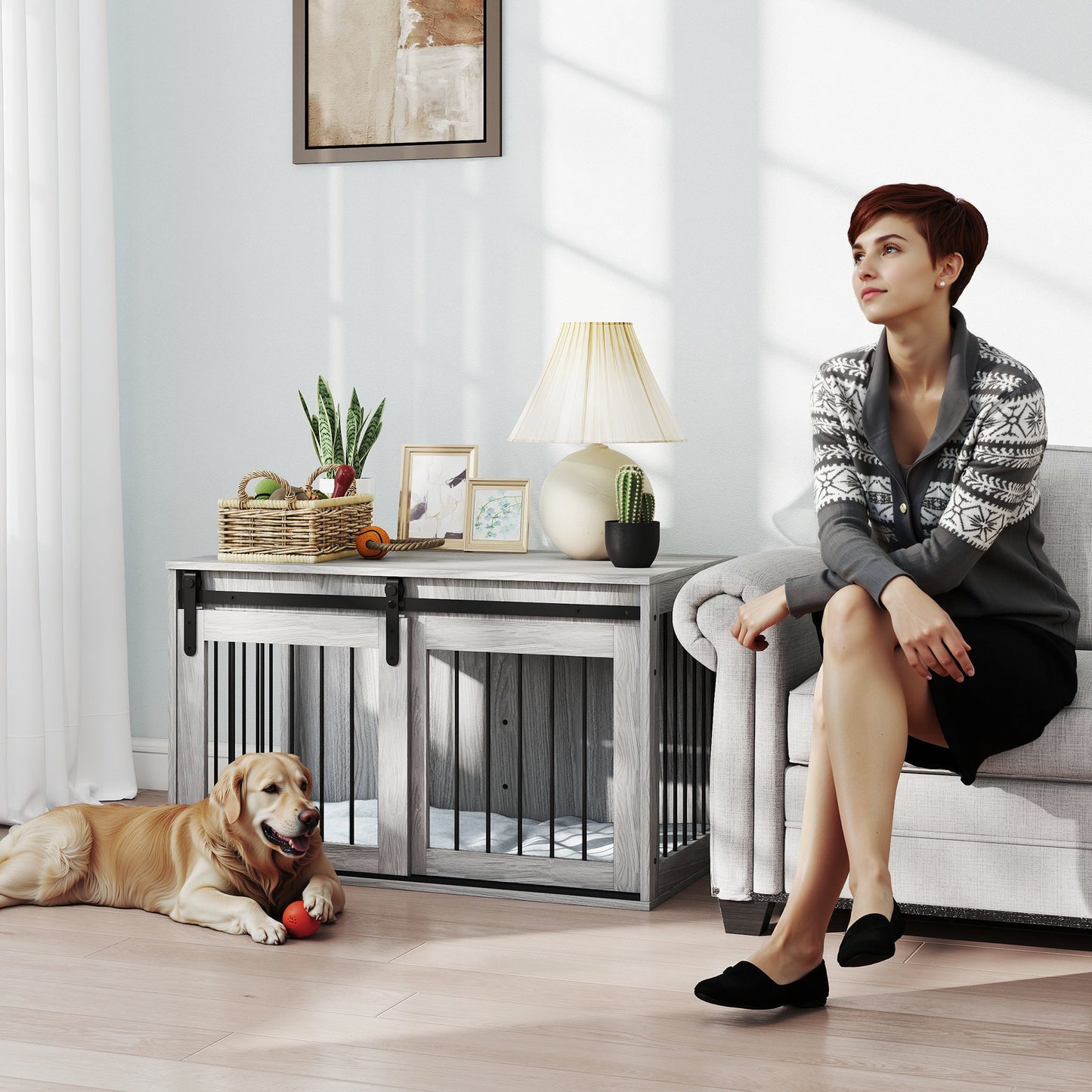 98cm Dog Crate Furniture with Removable Cushion for Large Dogs - Grey