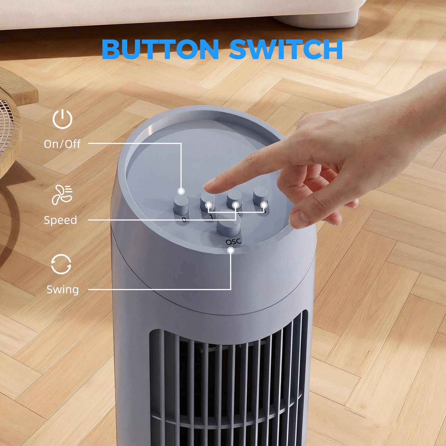 Tower Fan for Bedroom Cooling, 75cm Electric 70° Oscillating with 3 Speed Settings, Standing Floor Fan, Grey